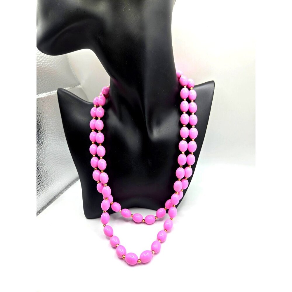 Vintage 1950s–60s Bubblegum Pink Glass Bead Necklace Double Strand Hong Kong